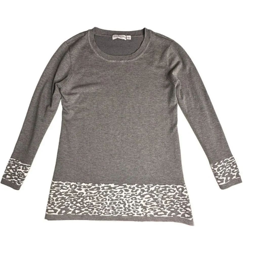 Kim Rogers petite crew neck long sweater grey & white women’s size pxl